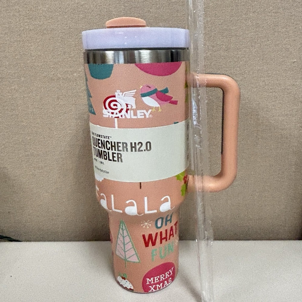 Stanley Quencher H2.0 40oz Christmas Peach Fa La La Tumbler Holiday New w/ Box